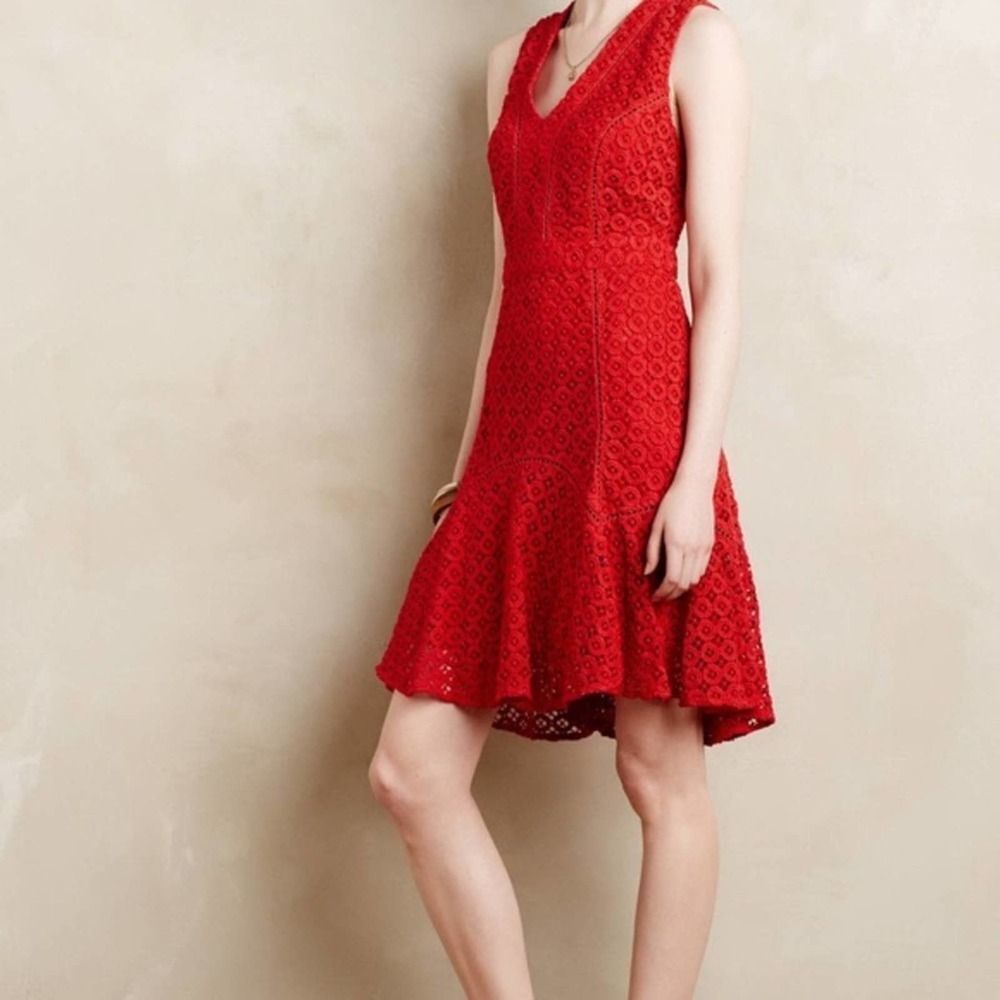 Anthro San & Soni sz 2 red crochet flounce dress